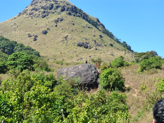 Tadiandamol trek: Famous big rock (front view), Person on top is to indicate size of the rock